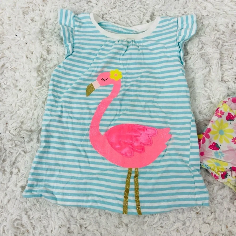 Carter's Blue and White Striped flamingo ruffle Top with pink floral shorts 3T - Picture 4 of 17